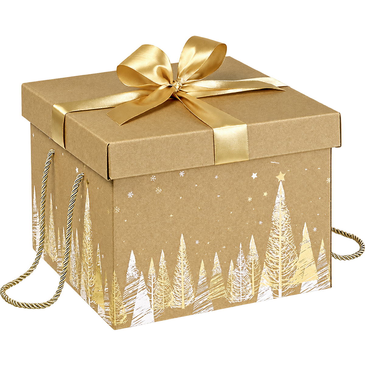 Caixa dourada de Natal com laço e motivos de árvores brancas