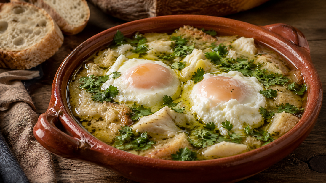 Açorda alentejana com bacalhau lascado, ovos escalfados e coentros frescos, servida em tigela de barro regada com azeite virgem extra, acompanhada de pão alentejano