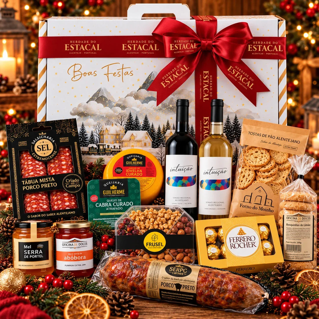 Cabaz de Natal com vinhos, queijos, enchidos, mel e doces junto a caixa branca com laço vermelho