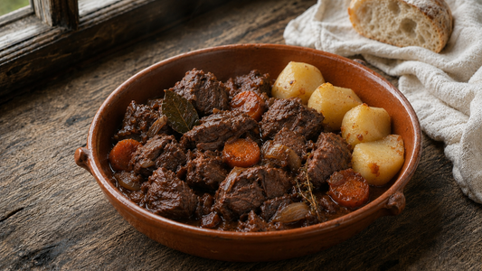 Javali estufado com vinho tinto alentejano — prato de caça tradicional do Alentejo cozinhado lentamente com ervas e especiarias