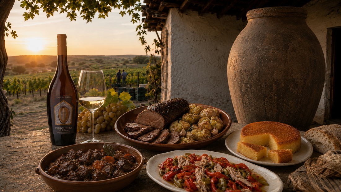 Mesa alentejana com pratos tradicionais e vinho de talha em cenário de vindimas