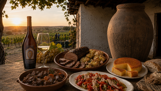 Mesa alentejana com pratos tradicionais e vinho de talha em cenário de vindimas