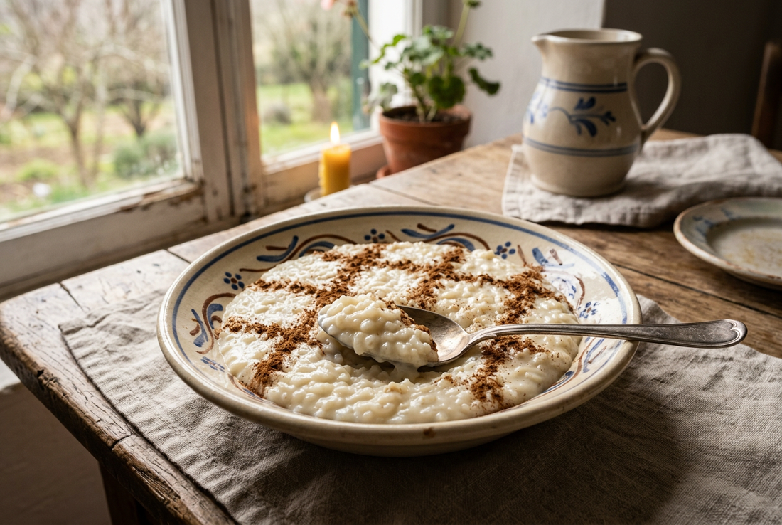 Arroz doce branco com grãos visíveis e desenho de canela, servido num prato de cerâmica com uma colher