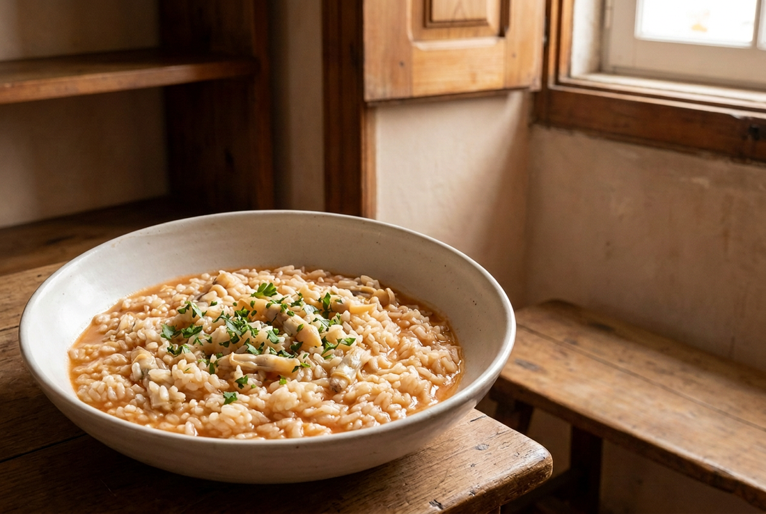 Arroz malandrinho de lingueirão com tomate e coentros numa taça de cerâmica, sobre uma mesa de madeira num ambiente rústico.