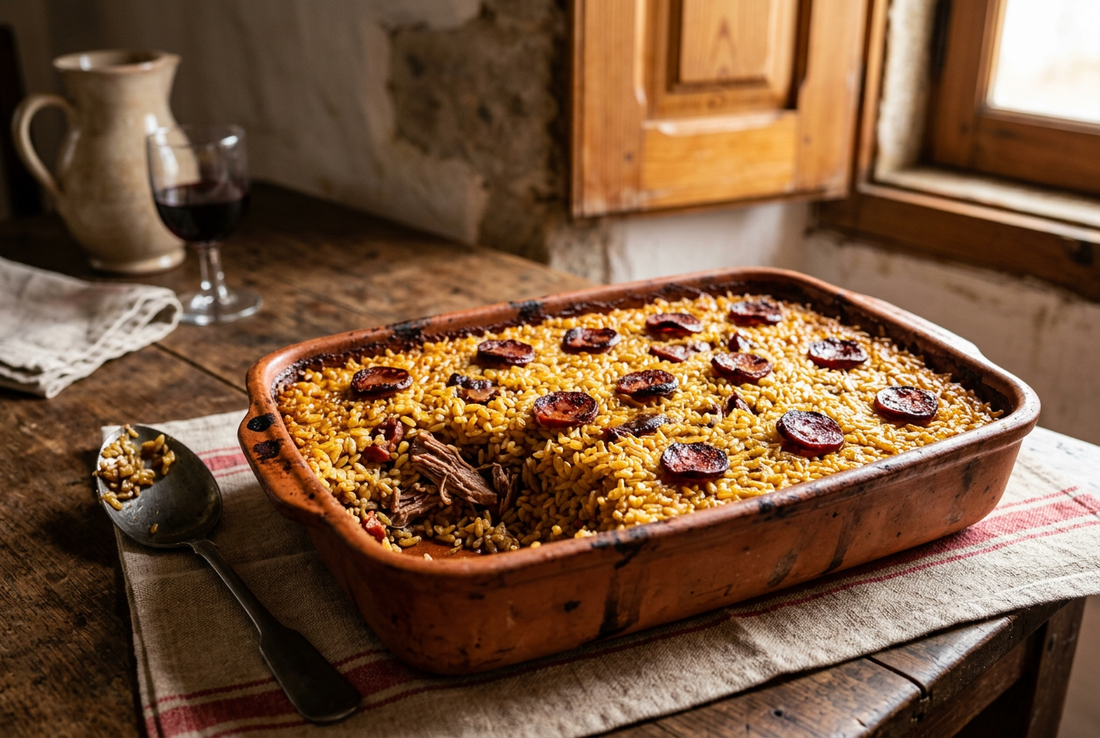 Arroz de pato dourado com rodelas de chouriço numa assadeira de barro, com uma porção retirada a mostrar a carne desfiada.