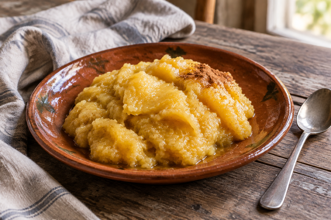 Doce de ovos, pão e amêndoa em porções douradas num prato de barro, com um pouco de canela