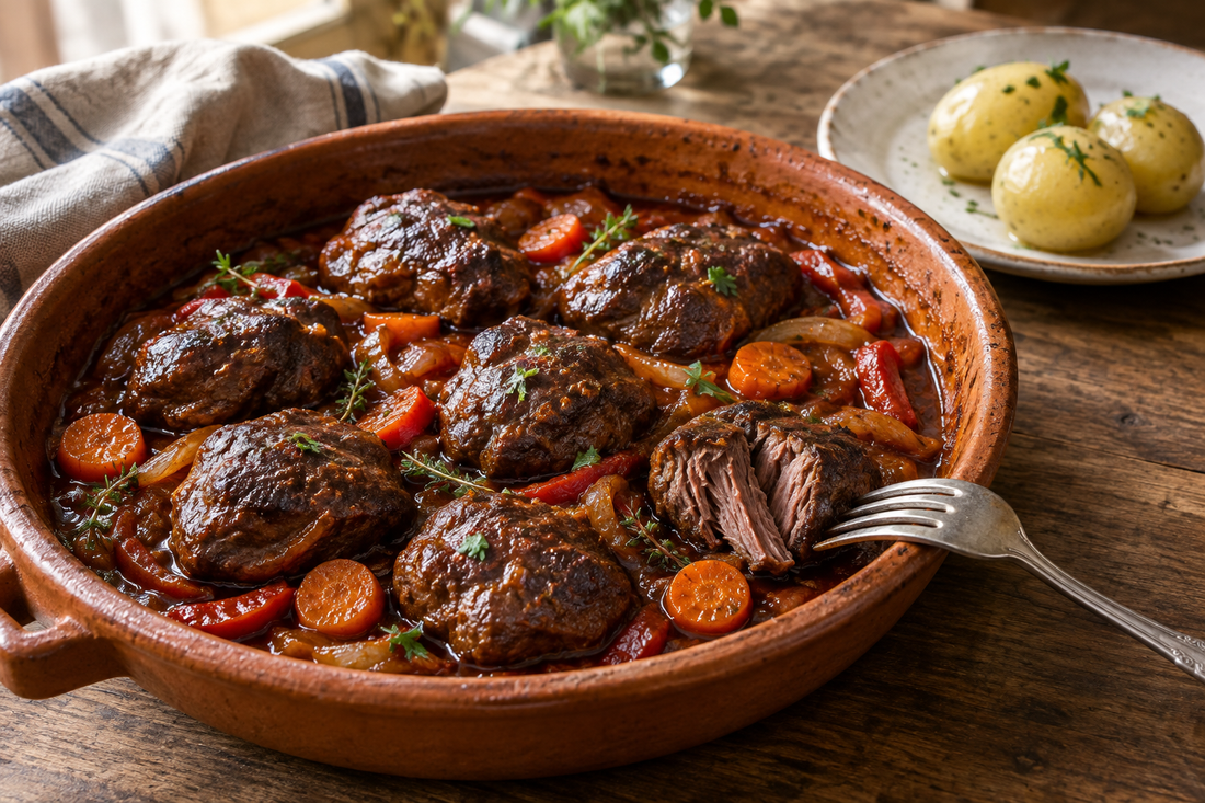 Bochechas de porco preto estufadas lentamente com cebola, tomate, pimento e cenoura numa caçoila de barro; batatas cozidas à parte