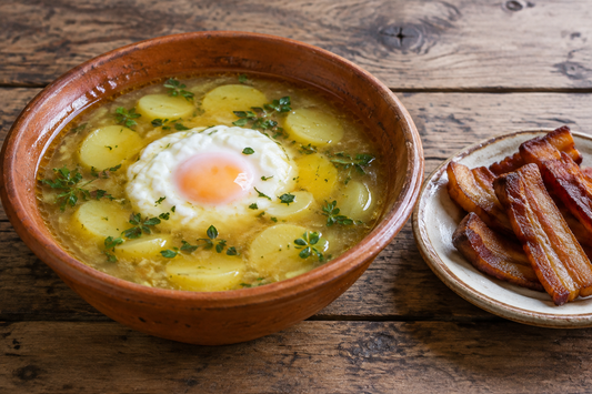 Caldo de batatas e poejos com ovo escalfado numa tigela de barro, acompanhado de tiras de toucinho frito