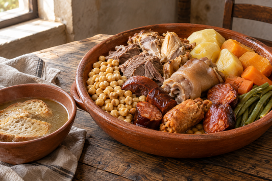 Cozido de grão de Portel em travessa de barro com carnes, enchidos, legumes e caldo sobre pão