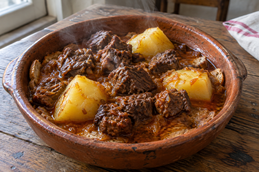 Ensopado de javali com batata cozida e fatias finas de pão embebidas no molho, numa travessa de barro rústica