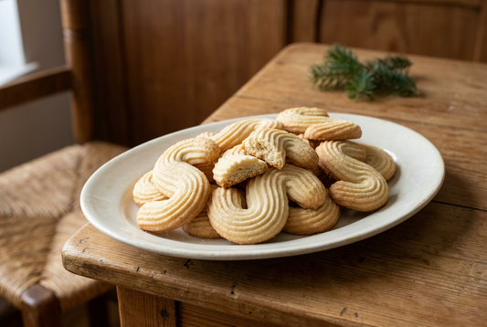 Esses de manteiga canelados em forma de S, numa travessa clara sobre uma mesa de madeira, com um biscoito partido a mostrar o interior.