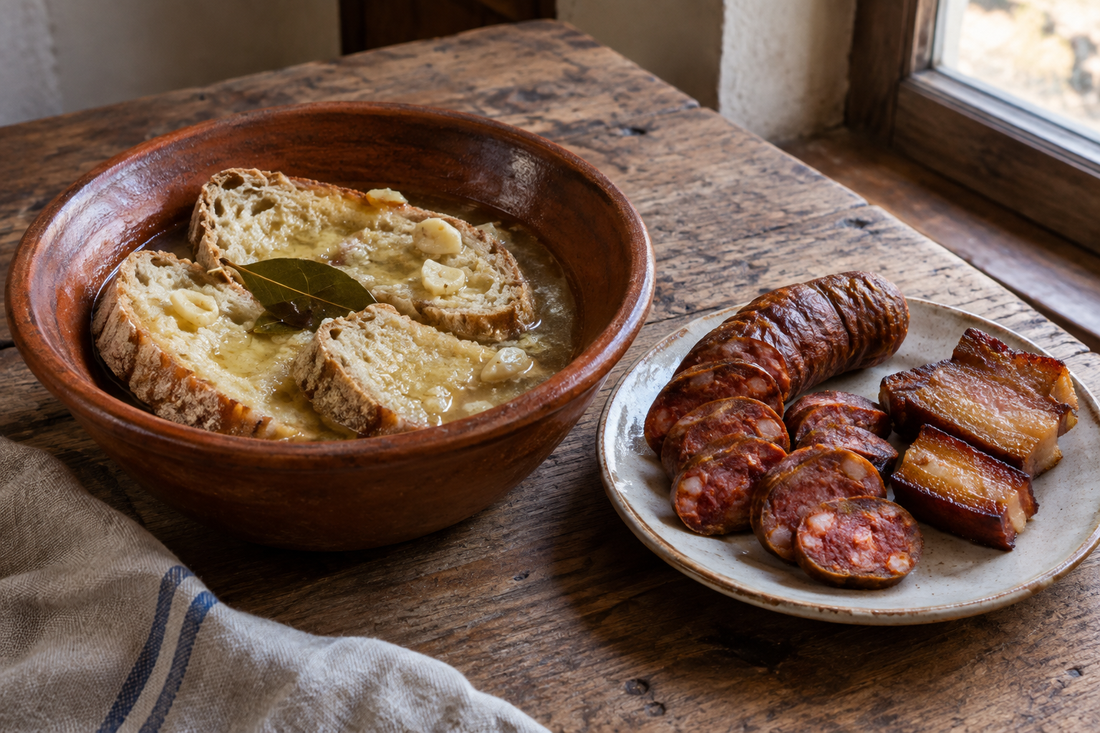 Fatias de pão alentejano com caldo de alho em tigela de barro e chouriço com toucinho à parte