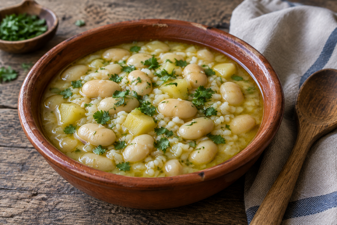 Tigela de barro com feijão manteiga, cubos de batata, arroz e coentros em caldo de azeite