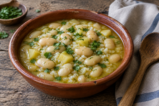 Tigela de barro com feijão manteiga, cubos de batata, arroz e coentros em caldo de azeite