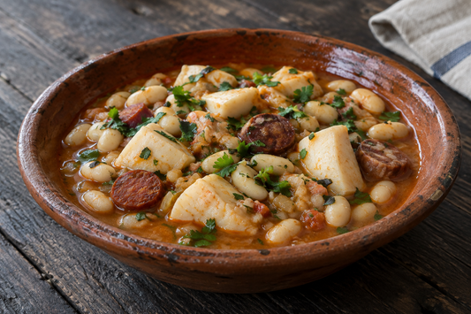 Feijoada de chocos em pedaços com feijão branco, rodelas de enchido e coentros num prato de barro