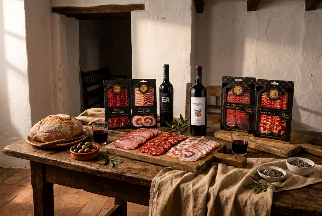Mesa rústica de madeira com enchidos SEL de porco preto, fatiados, pão, azeitonas e duas garrafas distintas: EA Reserva e Vidigueira Reserva Tinto.