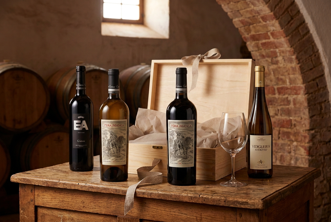 Garrafas de Pêra-Manca Branco e Tinto, Vidigueira Antão Vaz e EA Reserva numa mesa de madeira, com uma caixa de oferta num cenário de adega rústica.
