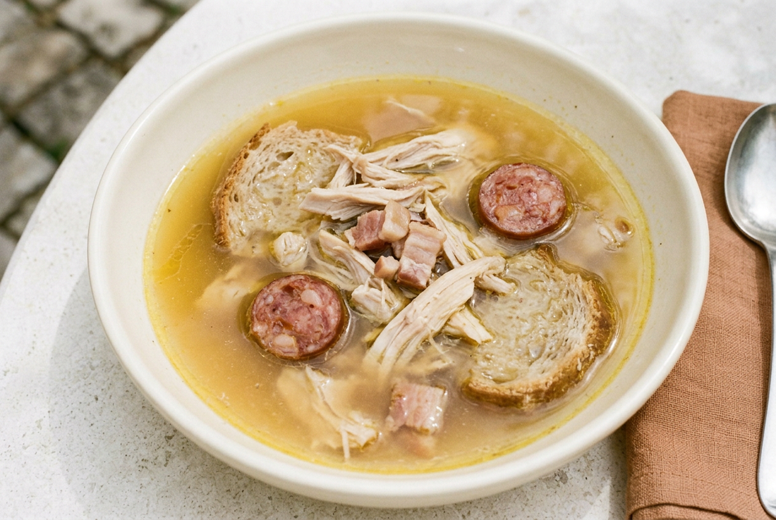 Vista aproximada da sopa de frango com pão alentejano embebido no caldo, linguiça e toucinho numa taça clara sobre uma mesa de pedra.