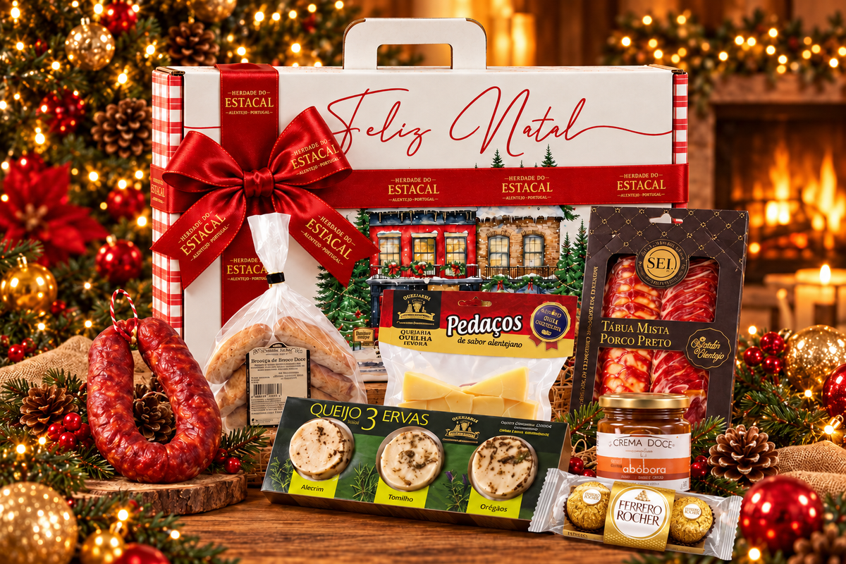 Cabaz de Natal da Herdade do Estacal com laço vermelho, queijos, enchidos, broinhas, doce de abóbora e bombons