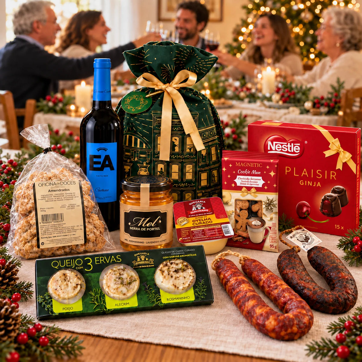 Vinho, queijos, enchidos, mel e doces numa mesa de Natal, com uma família a brindar ao fundo