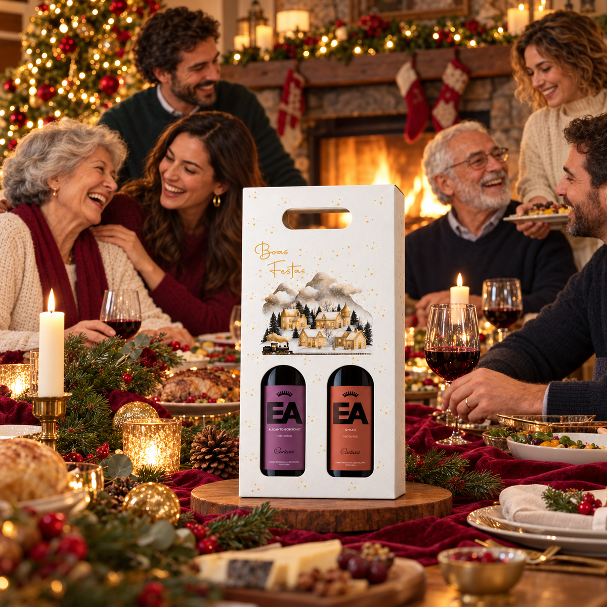Brinde à Lareira: EA Alicante Bouschet e EA Syrah dentro da caixa branca de Natal