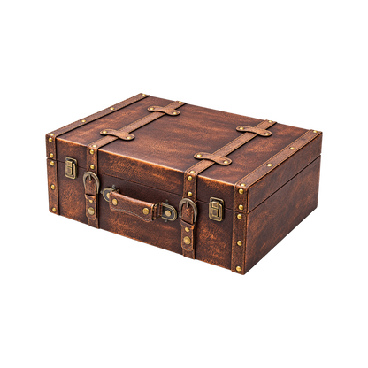 Malá vintage dřevěná bedýnka s víkem a koženým uchem - 44 x 32 x 16 cm
