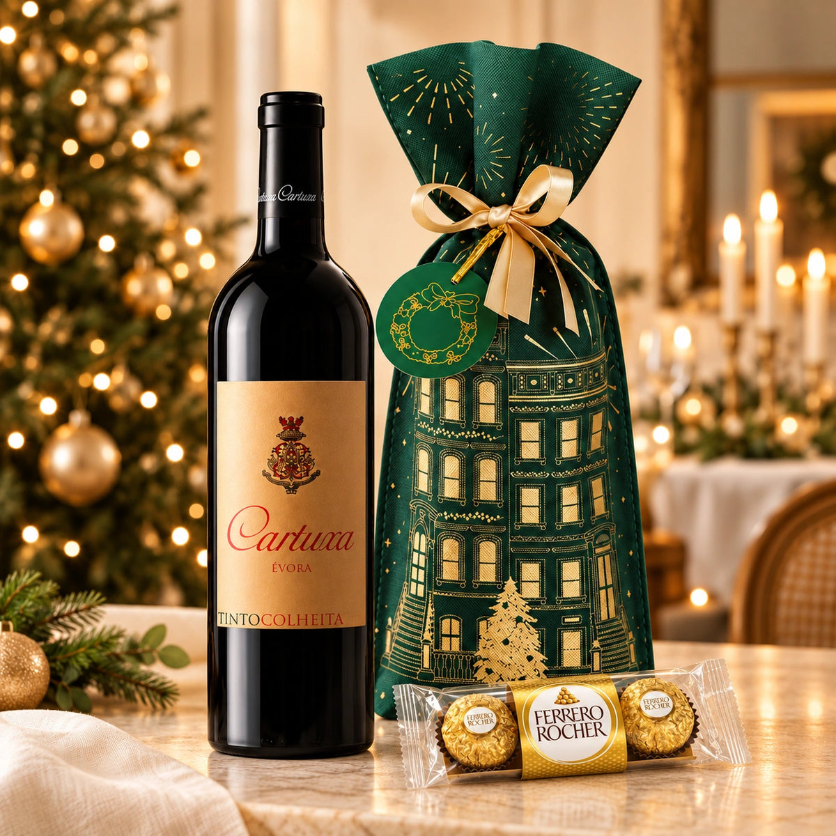 Brinde à Alma Alentejana: garrafa de Cartuxa Tinto, bombons Ferrero Rocher e saco verde de Natal
