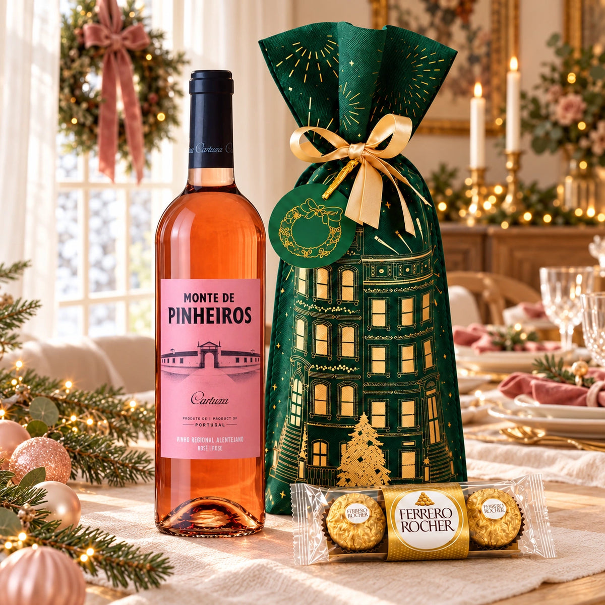 Brinde ao Alentejo: Monte de Pinheiros Rosé, bombons Ferrero Rocher e saco verde de Natal