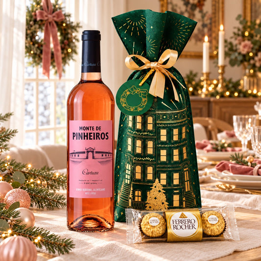 Brinde ao Alentejo: Monte de Pinheiros Rosé, bombons Ferrero Rocher e saco verde de Natal