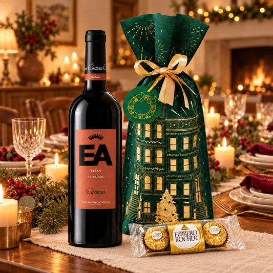 Brinde à Essência do Alentejo: EA Syrah Tinto, bombons Ferrero Rocher e saco verde de Natal
