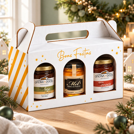 Mimos do Alentejo: doces de figo com noz e maçã e mel de rosmaninho em caixa de Natal