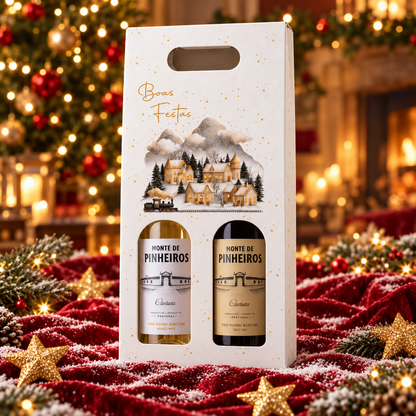 Brinde à Magia: vinhos Monte de Pinheiros branco e tinto dentro da caixa branca de Natal