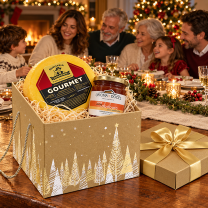 Queijo de ovelha gourmet e doce de abóbora com amêndoa na caixa dourada aberta Sabores de Excelência