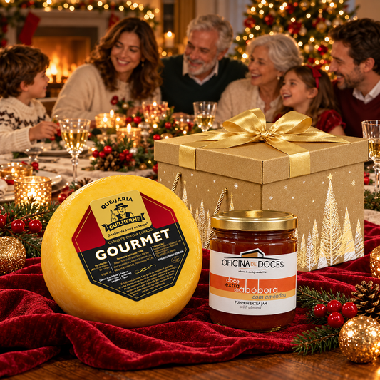 Sabores de Excelência: queijo de ovelha gourmet e doce de abóbora com amêndoa diante da caixa dourada