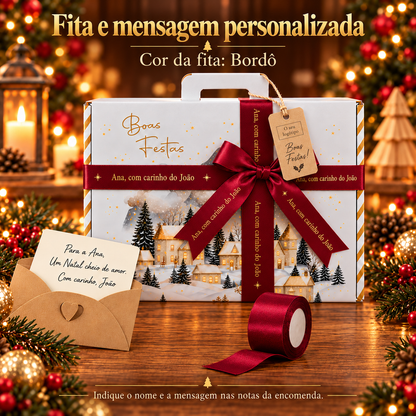 Fita bordô e cartão para personalização de cabaz