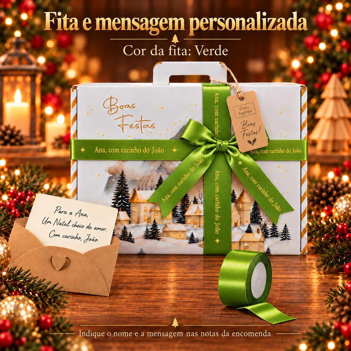 Fita verde e cartão para personalização de cabaz
