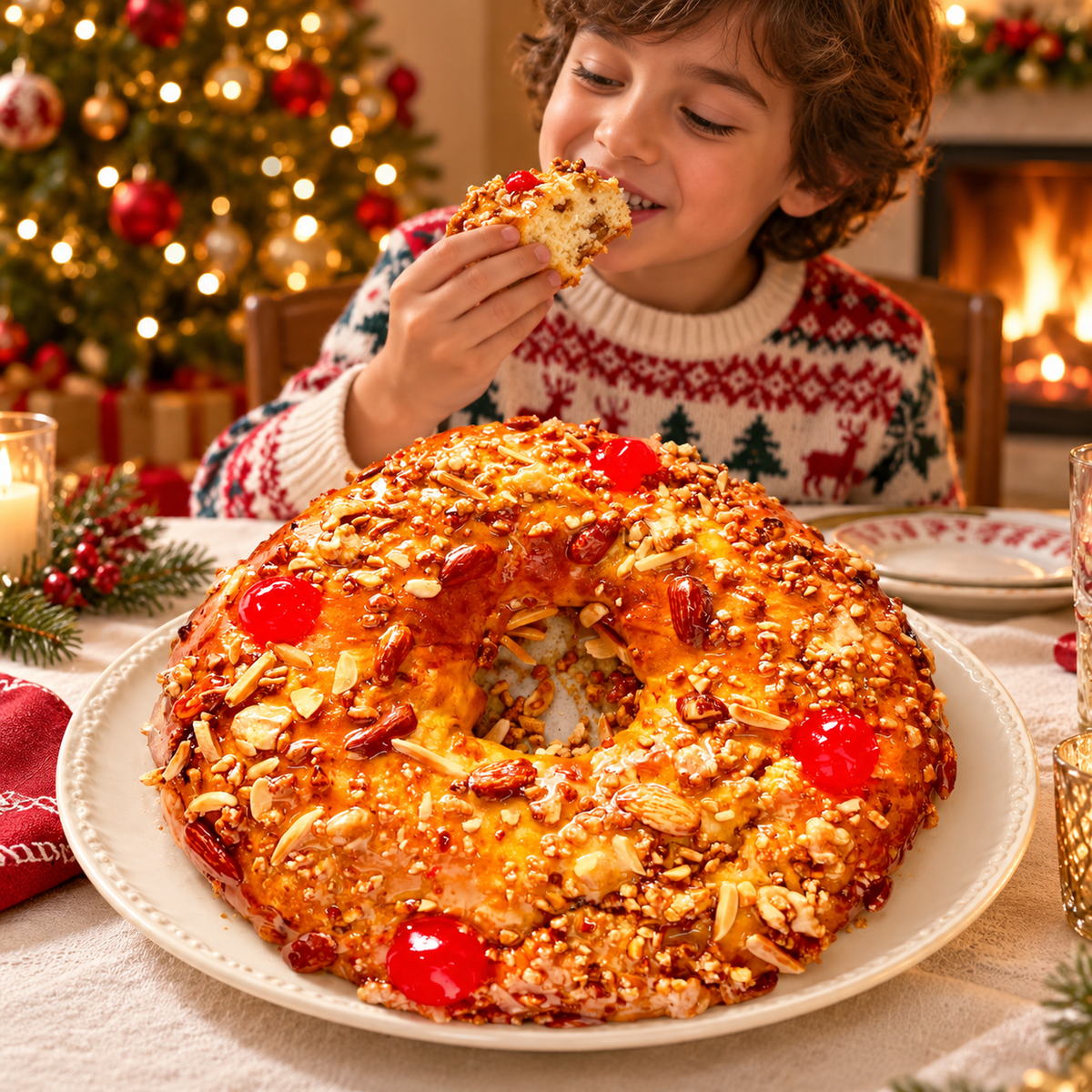 Bolo Rainha numa mesa de Natal com criança, árvore iluminada e lareira