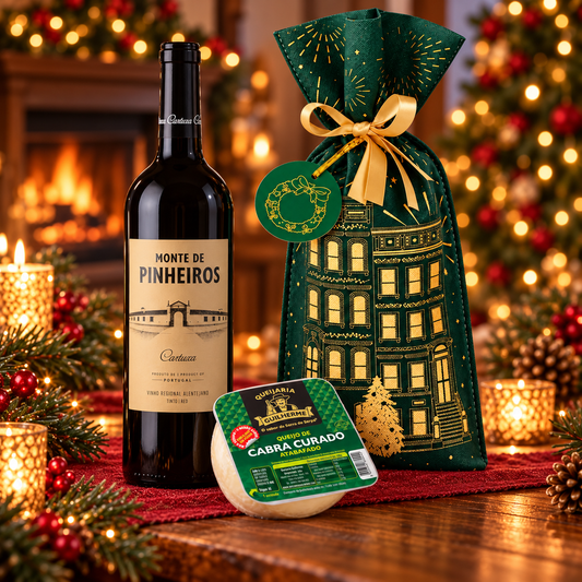 Cabaz de Natal 2 Sabores com vinho Monte de Pinheiros tinto, queijo de cabra e saco verde natalício