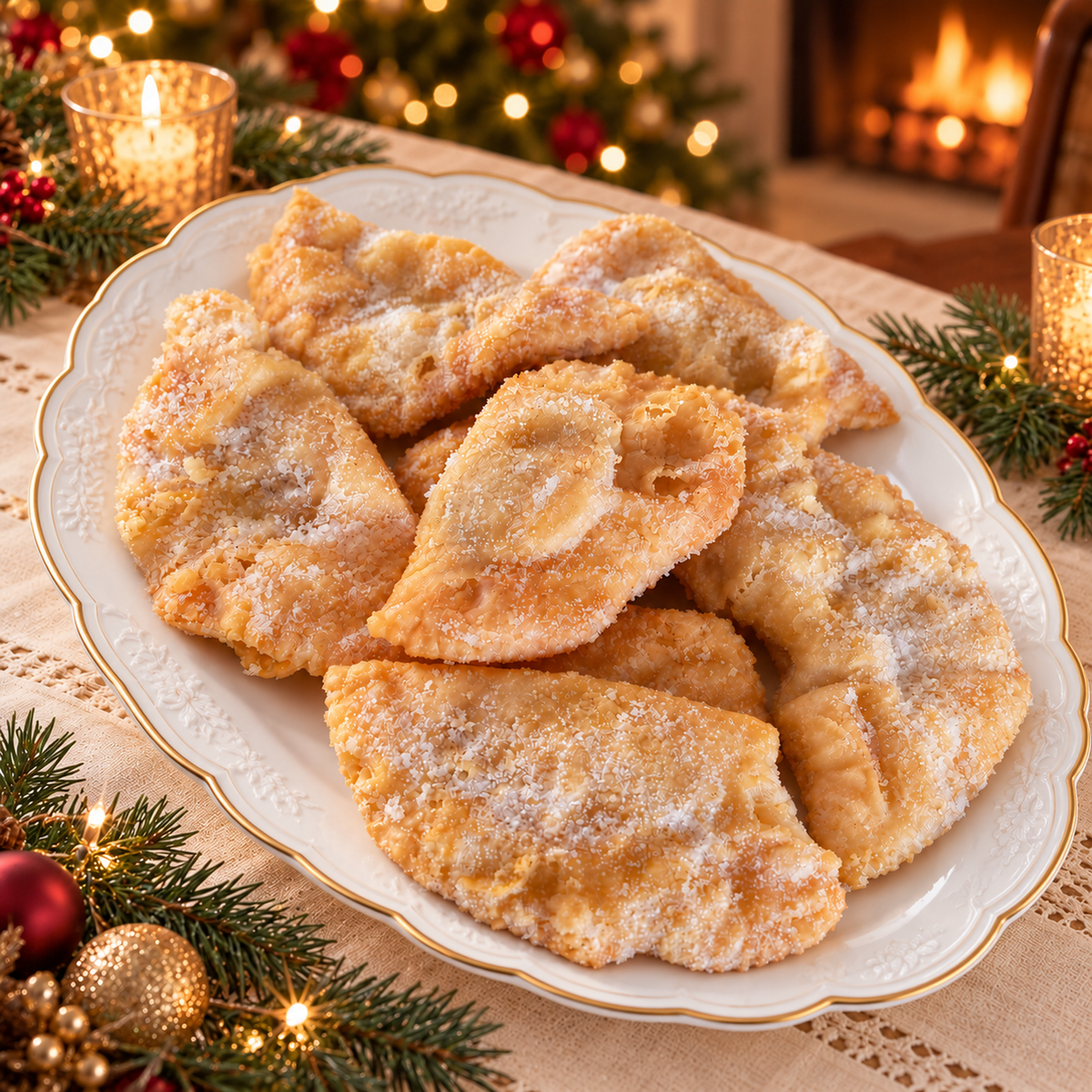 Pastéis de grão com açúcar numa travessa de porcelana, em ambiente de Natal