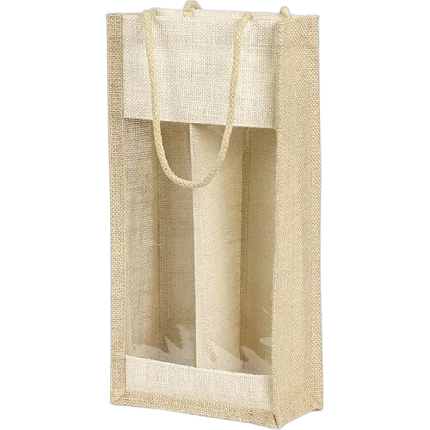 Natural Jute Bag with Handles and PVC Window, Holds 3 Bottles, 27x9x36cm