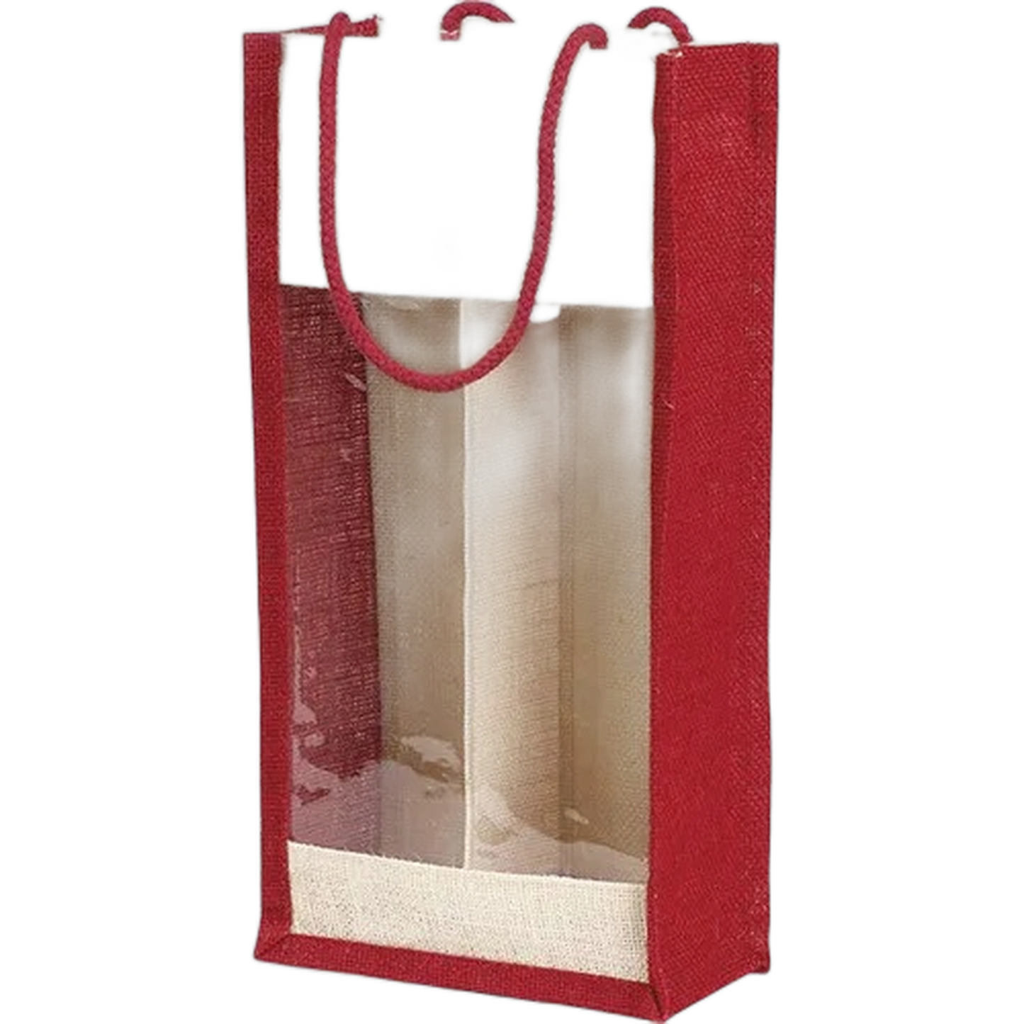 Natural Jute Bag with Handles and PVC Window, Holds 3 Bottles, 27x9x36cm