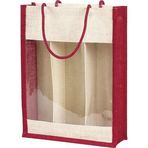 Natural Jute Bag with Handles and PVC Window, Holds 3 Bottles, 27x9x36cm
